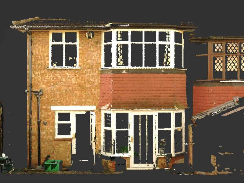 Point cloud of a house shown in elevation view in Autodesk ReCap