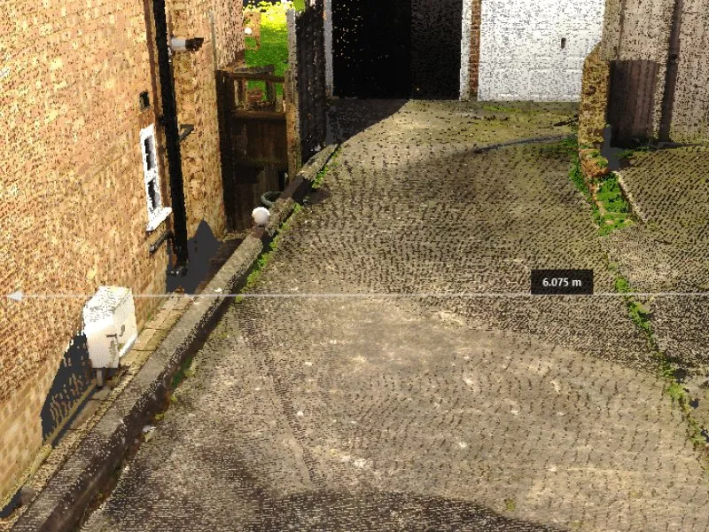 Distance measured between two points in a point cloud of a driveway in Autodesk ReCap