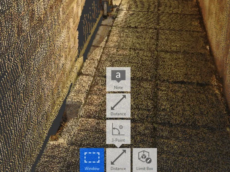 Autodesk ReCap measurement tools menu over a point cloud