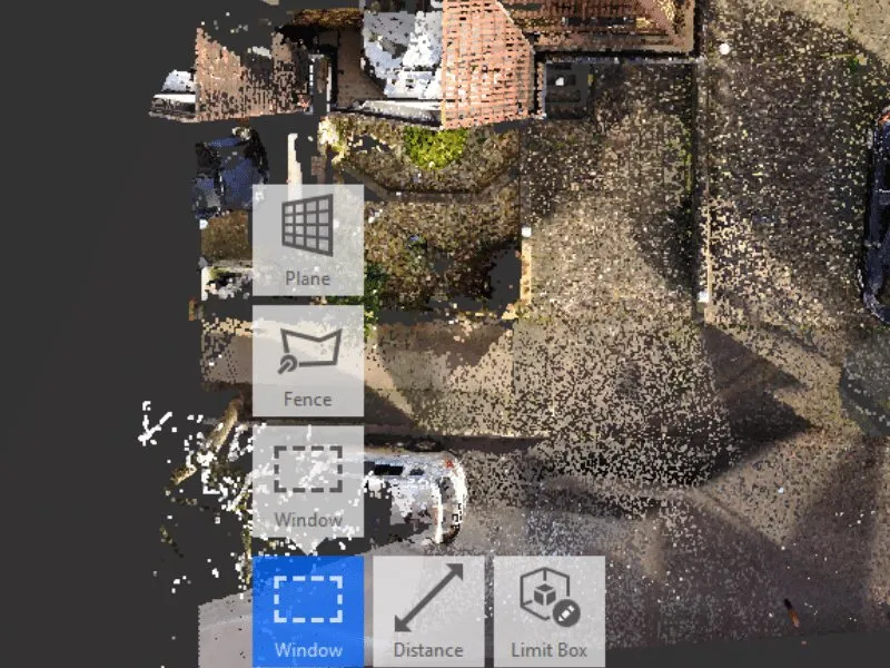 Autodesk ReCap window selection tool menu over a point cloud