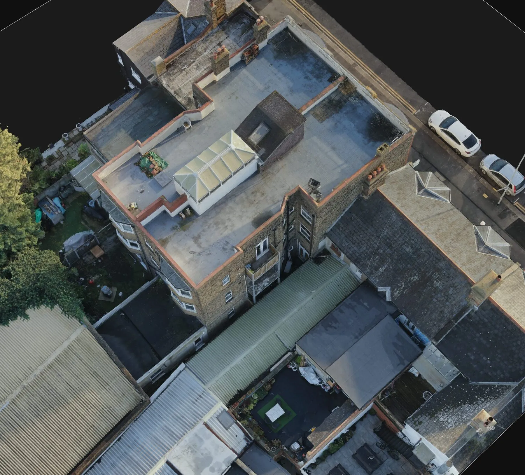 Drone point cloud of a terrace of buildings and gardens