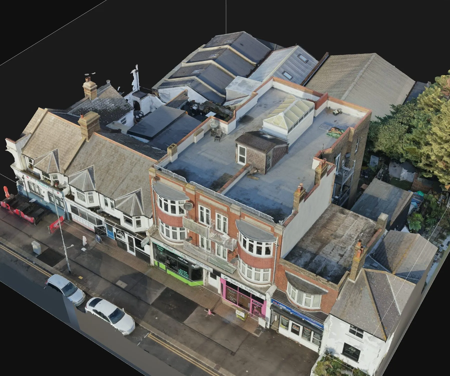 Drone point cloud of a terrace of buildings and the street in front