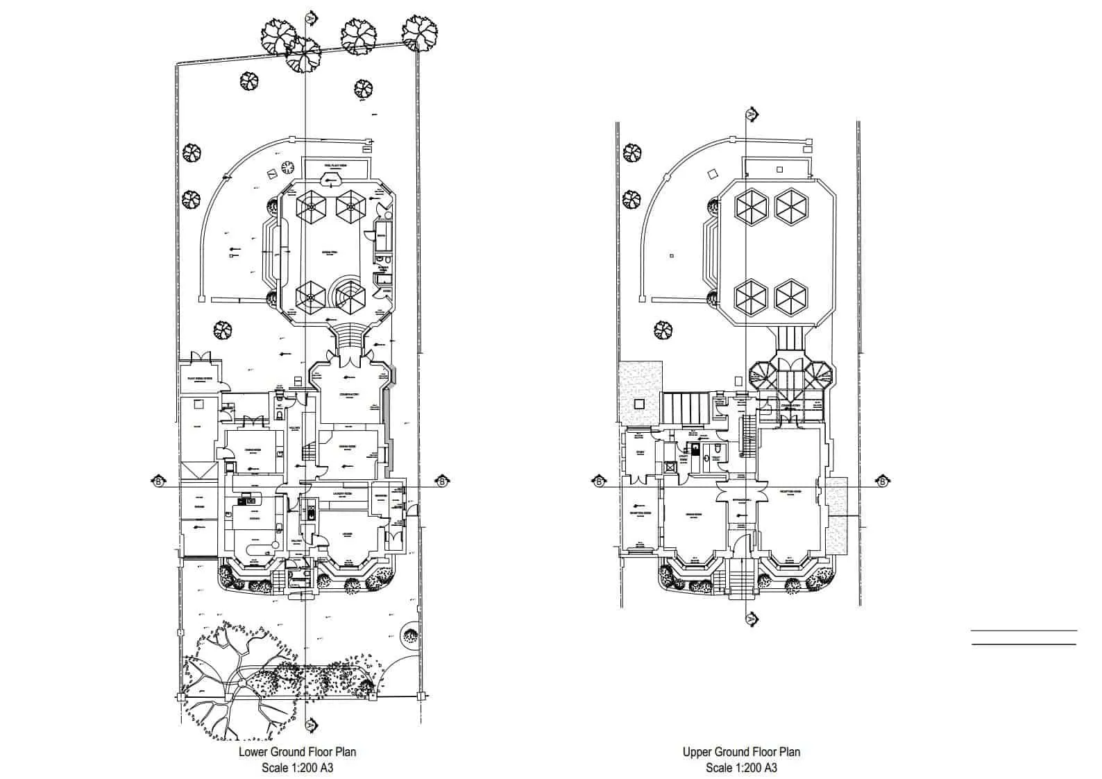 Measured survey floor plans of a large house, ground and upper ground floors