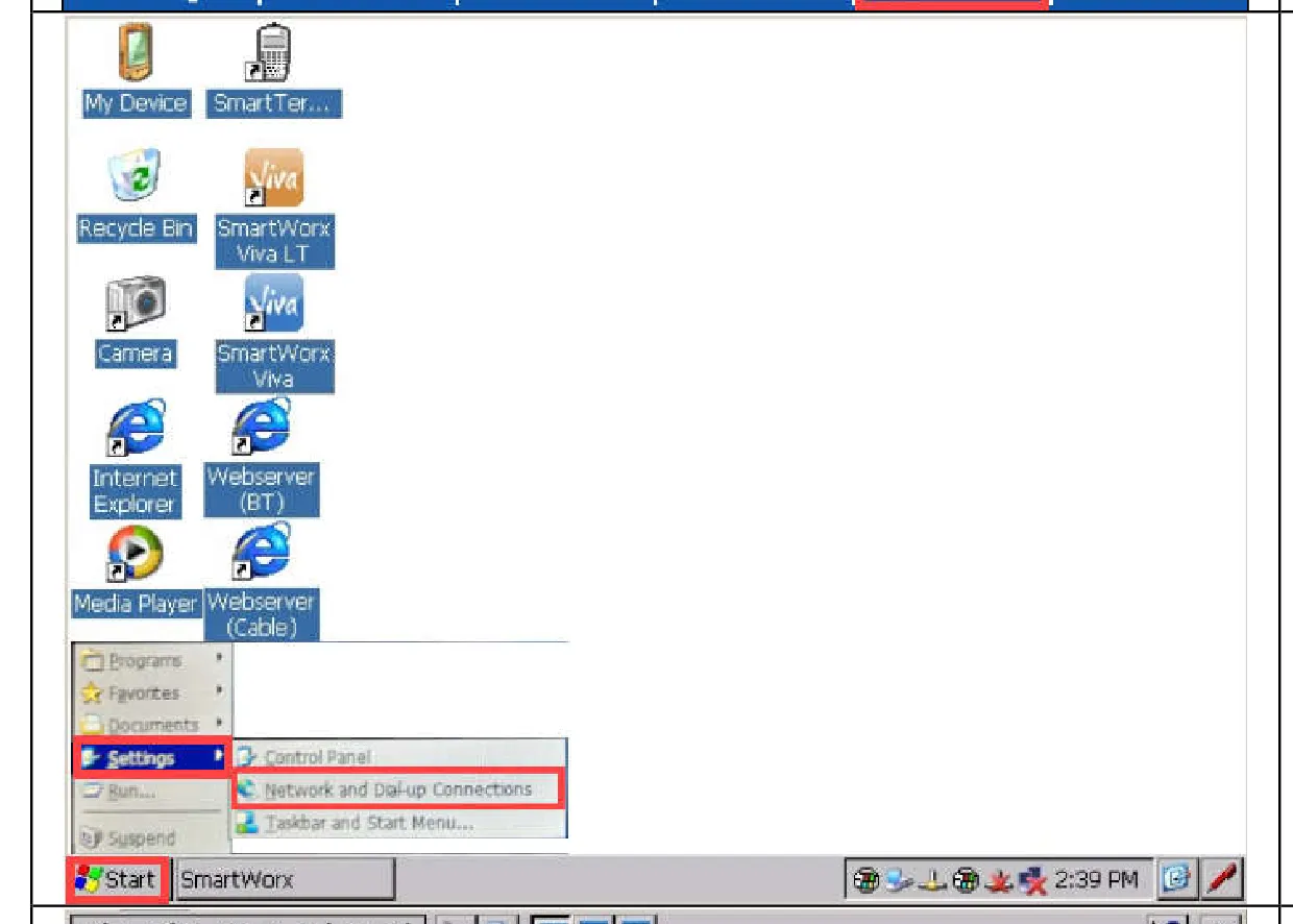 Windows Start menu on the controller with Settings, Network and Dial-up Connections highlighted