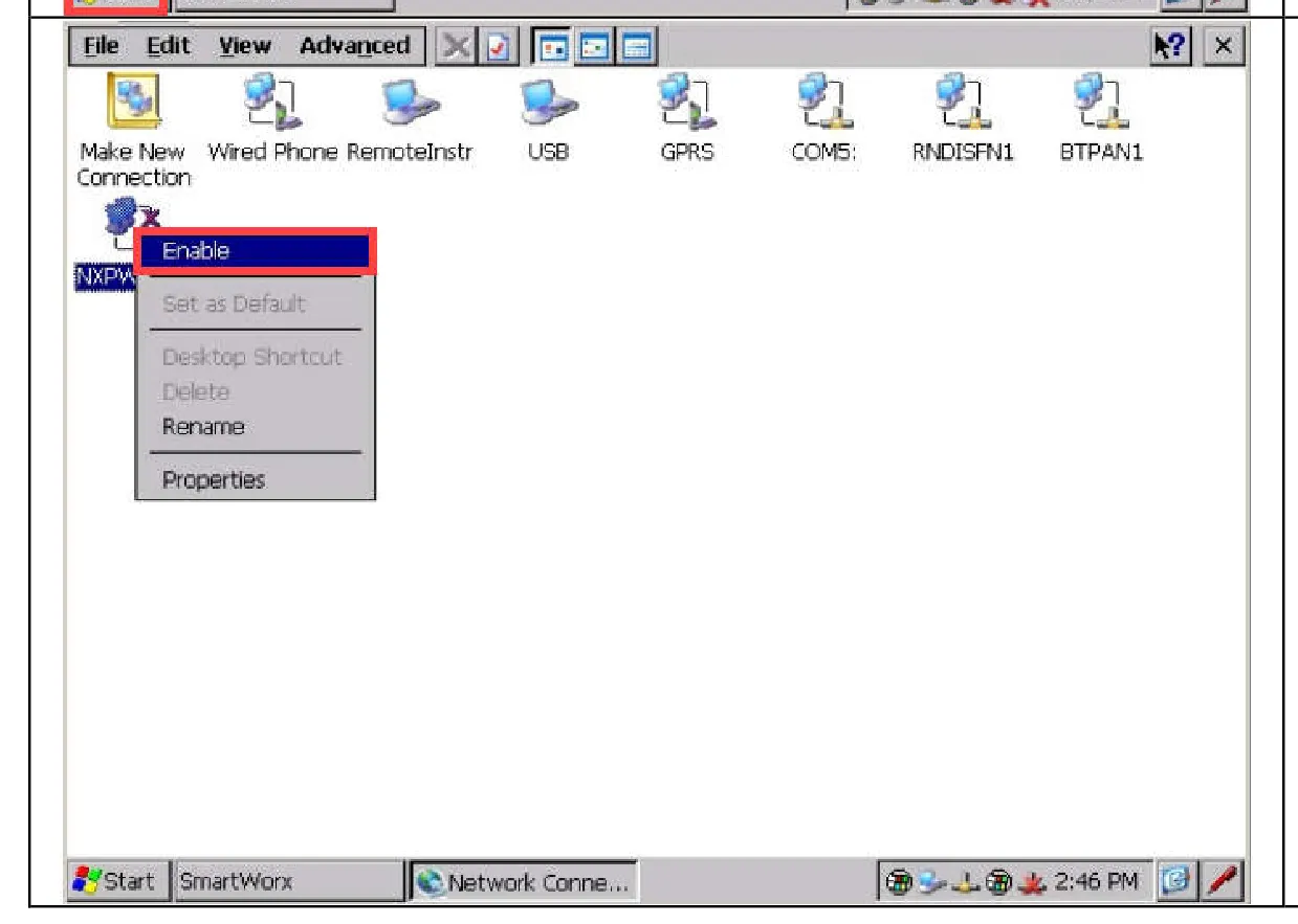 Network connections window with Enable selected on the WLAN adapter