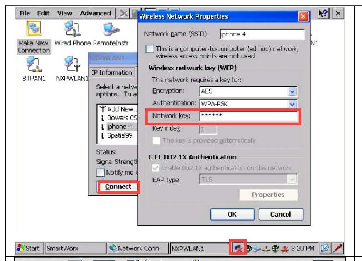 Wireless network properties showing the hotspot name and network key, with Connect highlighted