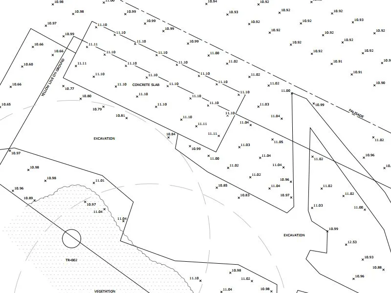 Extract from a level survey drawing showing spot levels across a site