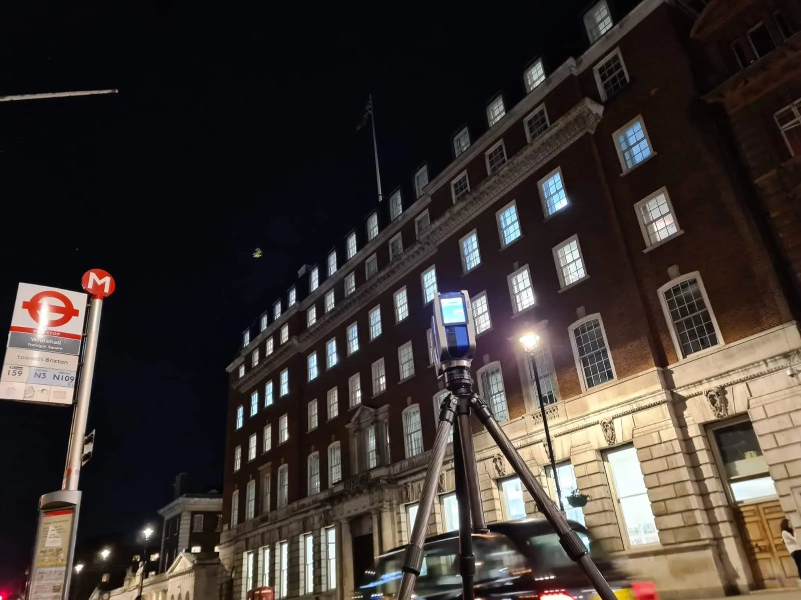 FARO laser scanner recording a listed building facade in Whitehall at night