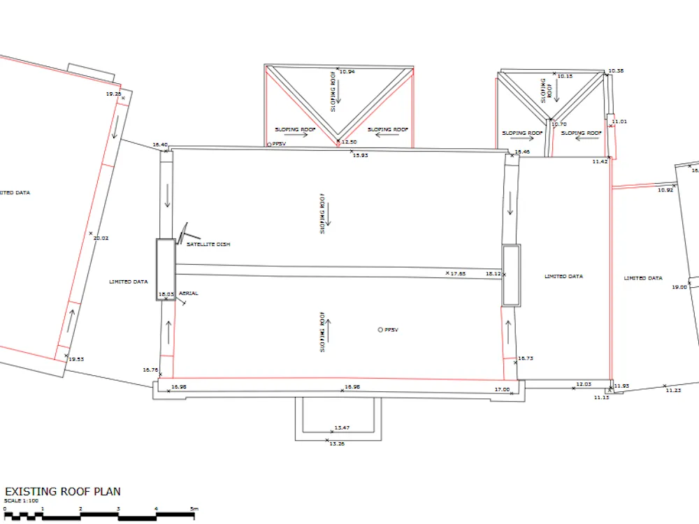 Existing roof plan from a measured survey, showing sloping roofs, ridge and eaves levels, a satellite dish and aerial