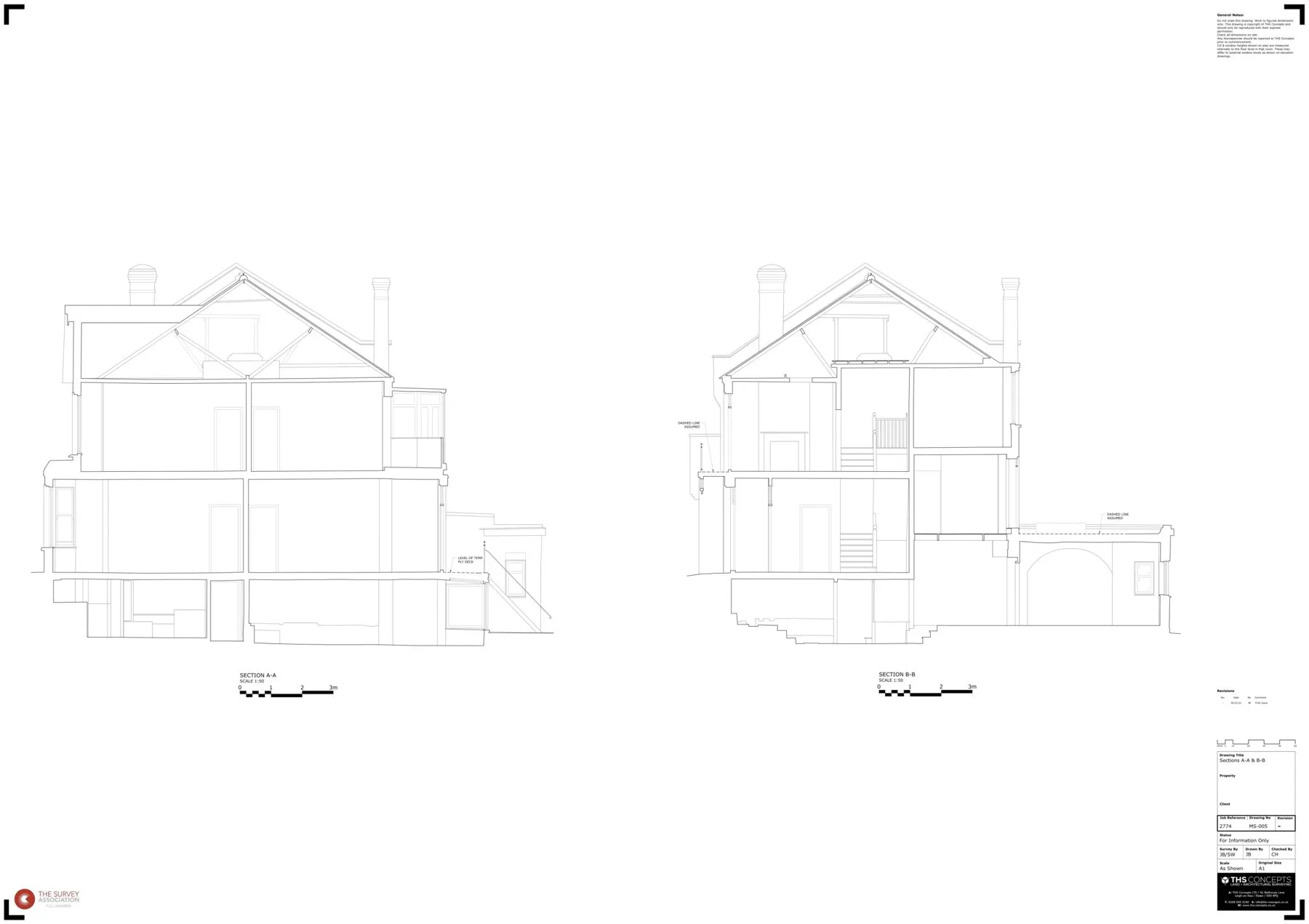 Measured survey section drawings through a house