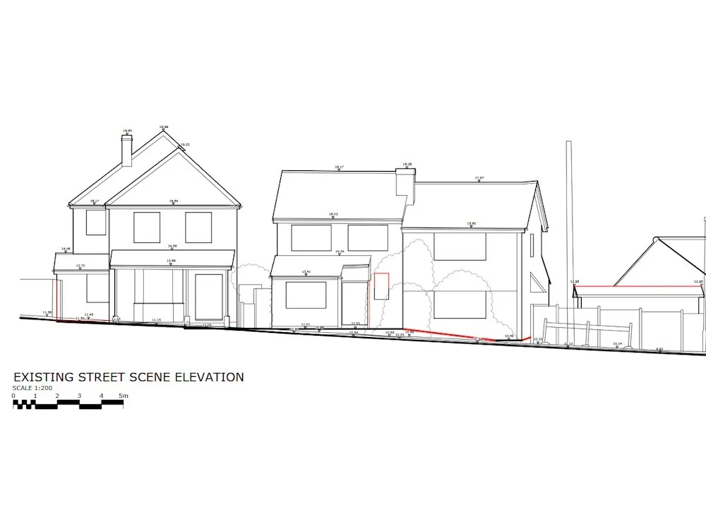 Existing street scene elevation of three houses on a sloping street, with ridge, eaves and ground levels