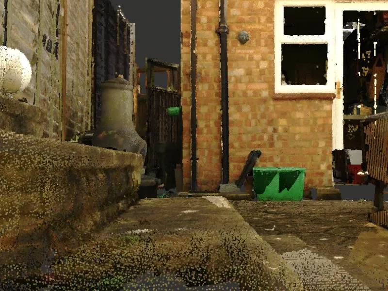Close-up of a point cloud showing individual scan points on a brick wall and window