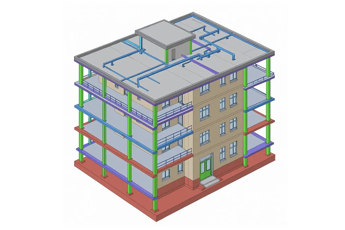 Revit model of an apartment building with structural and services elements coloured