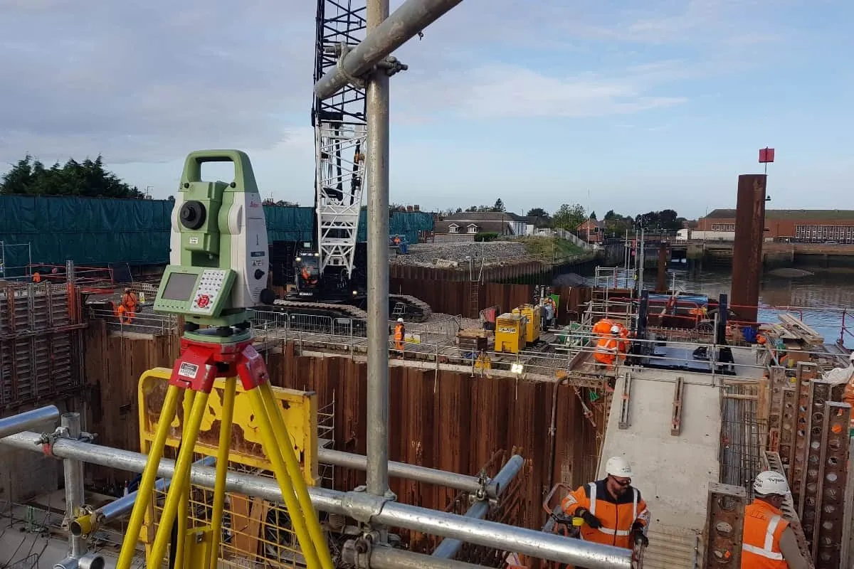 Total station setting out at the Boston flood barrier construction site