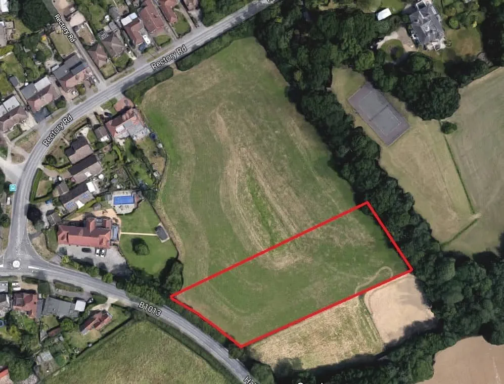 Aerial photo of a field with a reduced survey area outlined in red