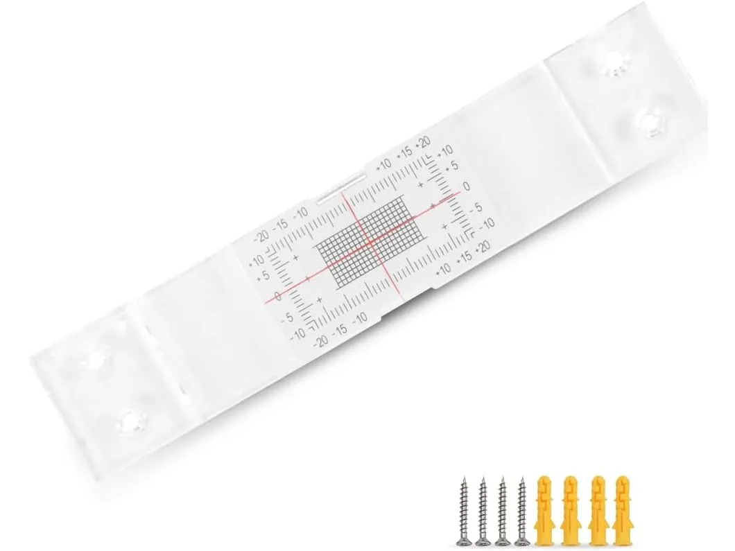 Tell-tale crack monitoring gauge with horizontal and vertical scales, shown with screws and wall plugs