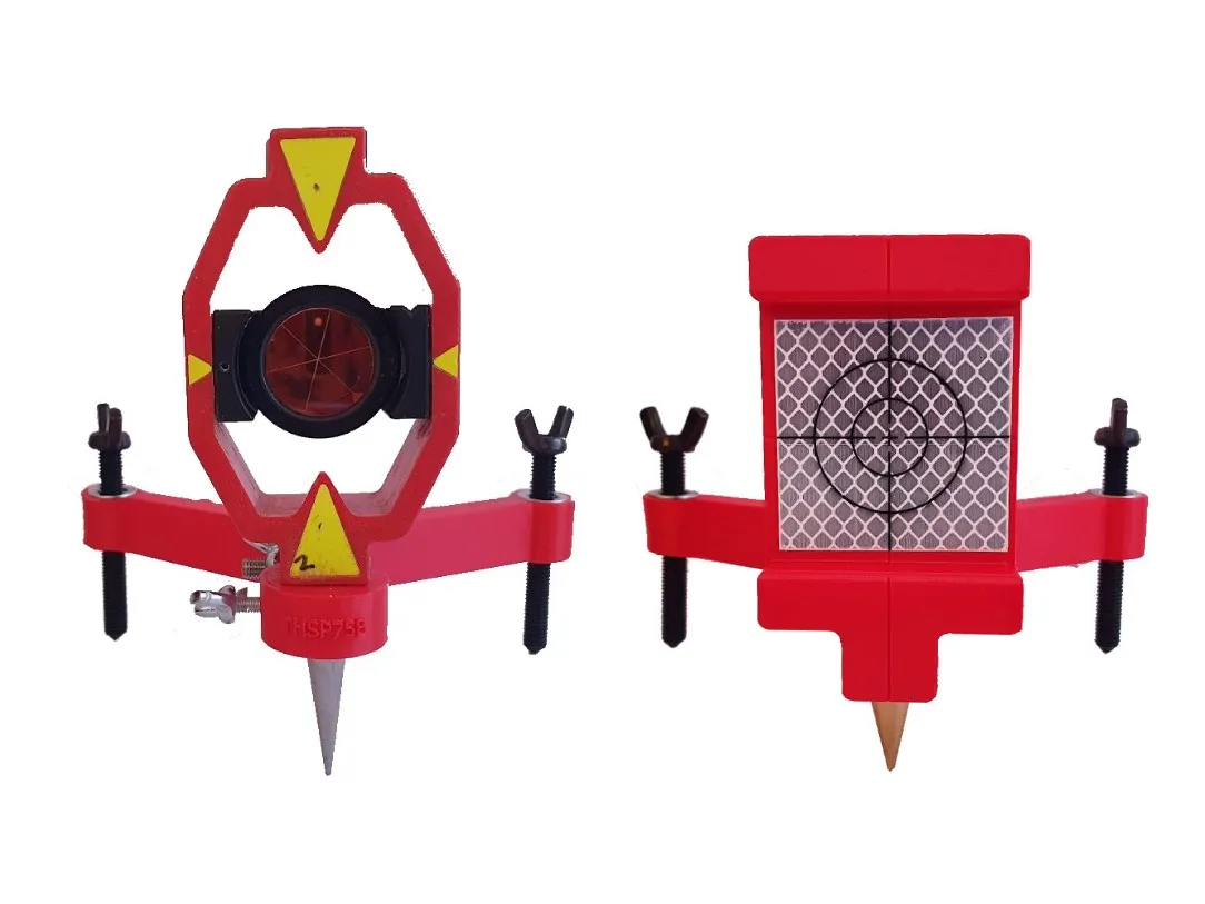 THSP75 in red, set up with a mini prism (left) and with the reflective target (right)